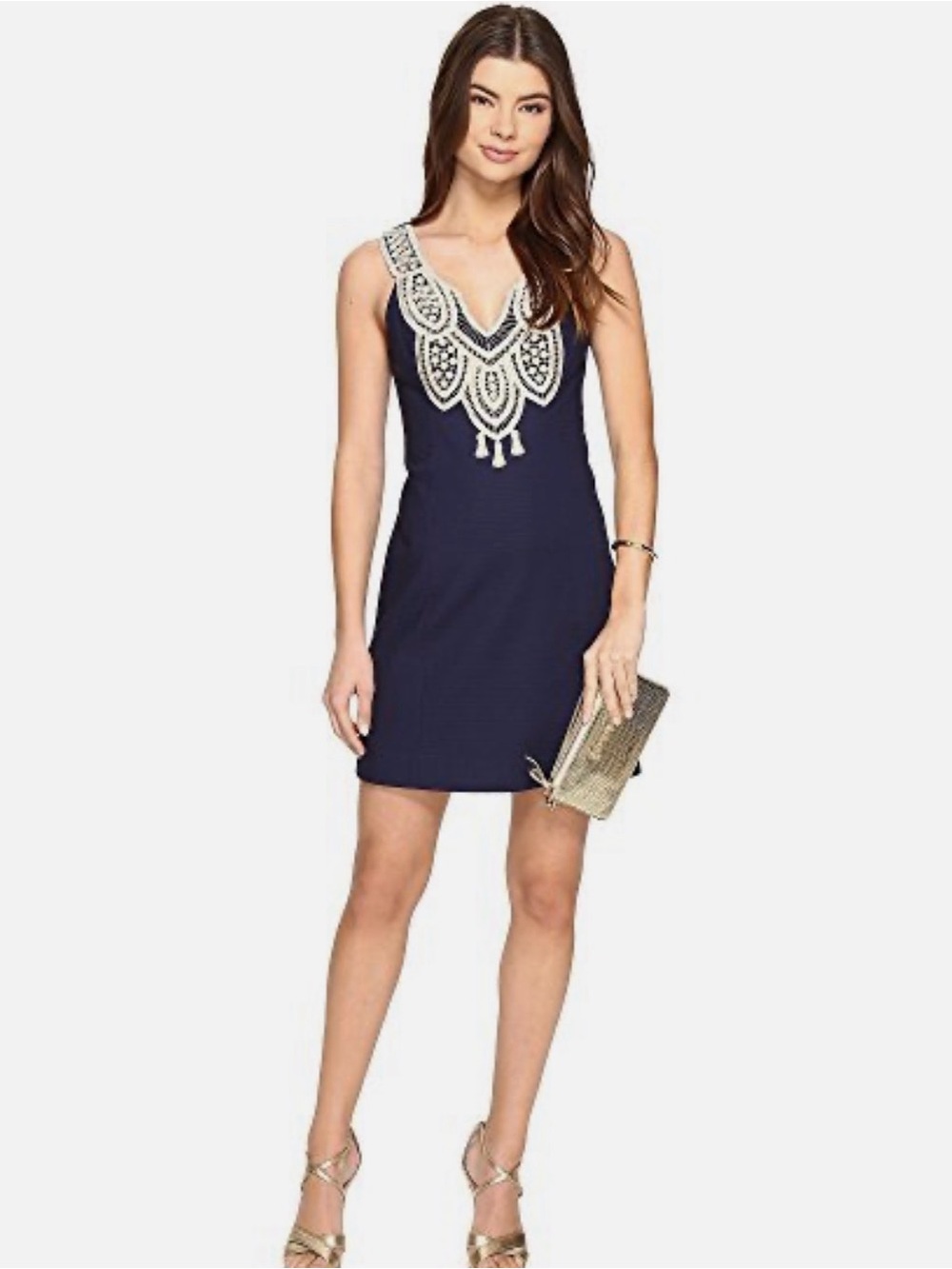 Lilly Pulitzer Largo Shift Dress Sz 6 gold embroidery True Navy Cotton